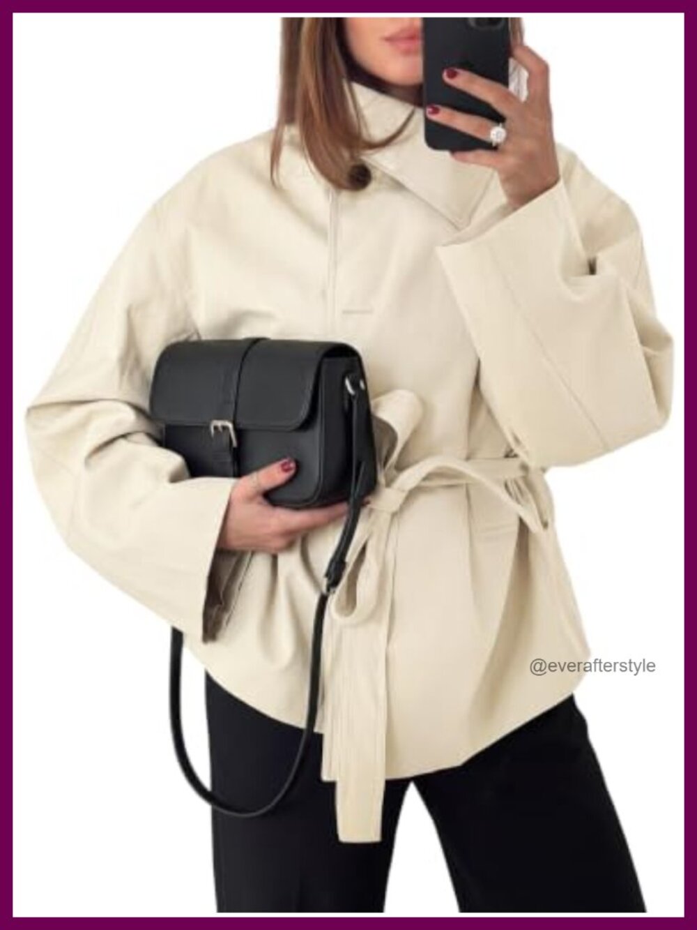 Women's Lapel Collar Self-Tie Waist Belt Trench Coat Wide Sleeve Casual Jacket